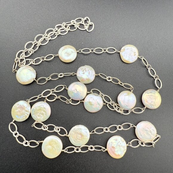 Coin Pearl Necklace Single Strand With Silver-Tone Chain Elegant - Picture 2 of 11